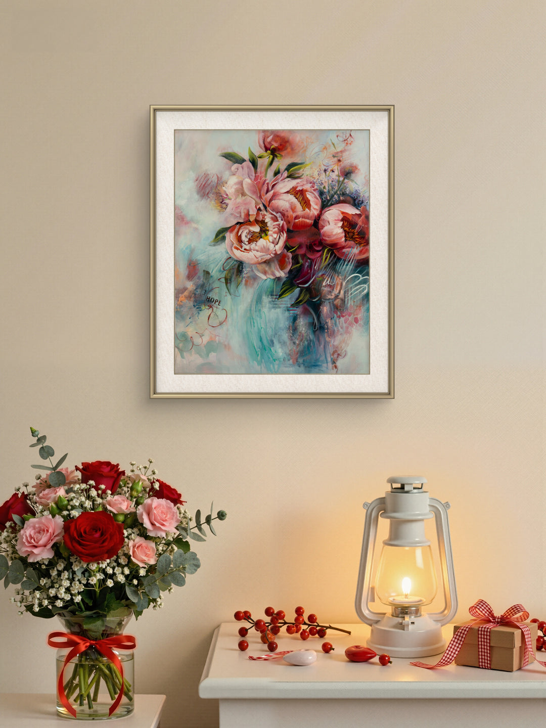 Large original abstract botanical painting of pink and teal peonies hanging on a wall in a calm, modern, sanctuary-style living space.