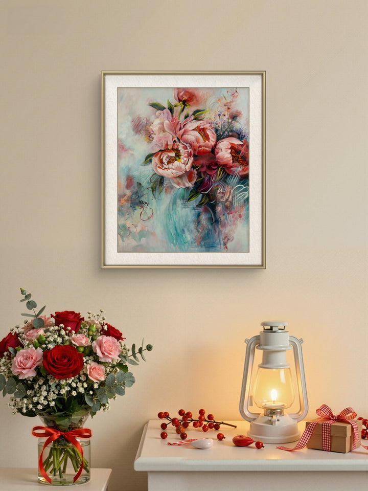Large original abstract botanical painting of pink and teal peonies hanging on a wall in a calm, modern, sanctuary-style living space.