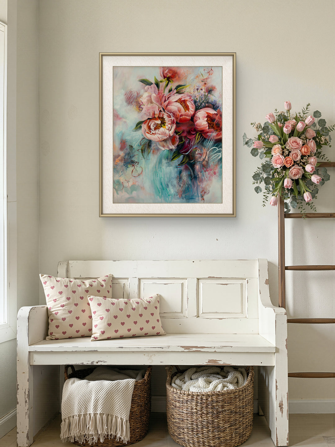 Large original abstract botanical painting of pink and teal peonies hanging on a wall in a calm, modern, sanctuary-style living space.