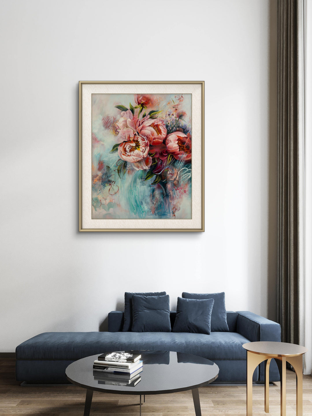 Large original abstract botanical painting of pink and teal peonies hanging on a wall in a calm, modern, sanctuary-style living space.