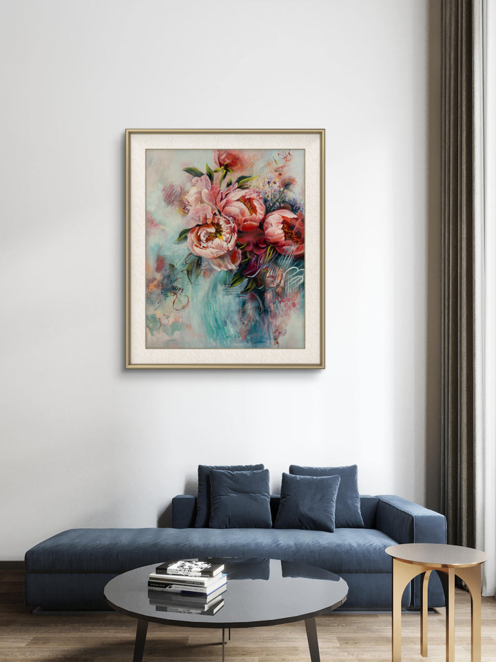 Large original abstract botanical painting of pink and teal peonies hanging on a wall in a calm, modern, sanctuary-style living space.