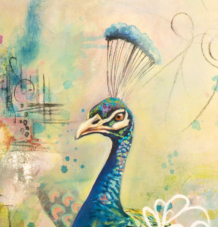 Close-up detail of 'Perched with Grace' by Tash Bardot, highlighting the peacock's head and expressive marks in the background.