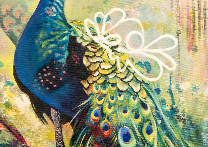 Close-up detail of 'Perched with Grace' by Tash Bardot, highlighting the intense jewel tones of the peacock’s chest and the precise detail on its crest moving into abstraction.