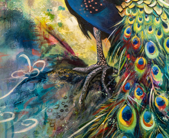 Close-up detail of 'Perched with Grace' by Tash Bardot, highlighting the intense jewel tones of the peacock’s feathers and the foot perched on an abstracted rock. 