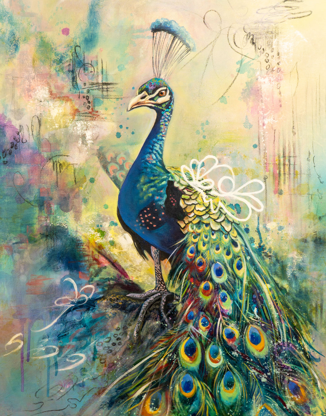 Tash Bardot's 'Perched with Grace' painting. A vibrant blue and green peacock with detailed tail feathers stands against a soft, abstract background of pastels and subtle script.