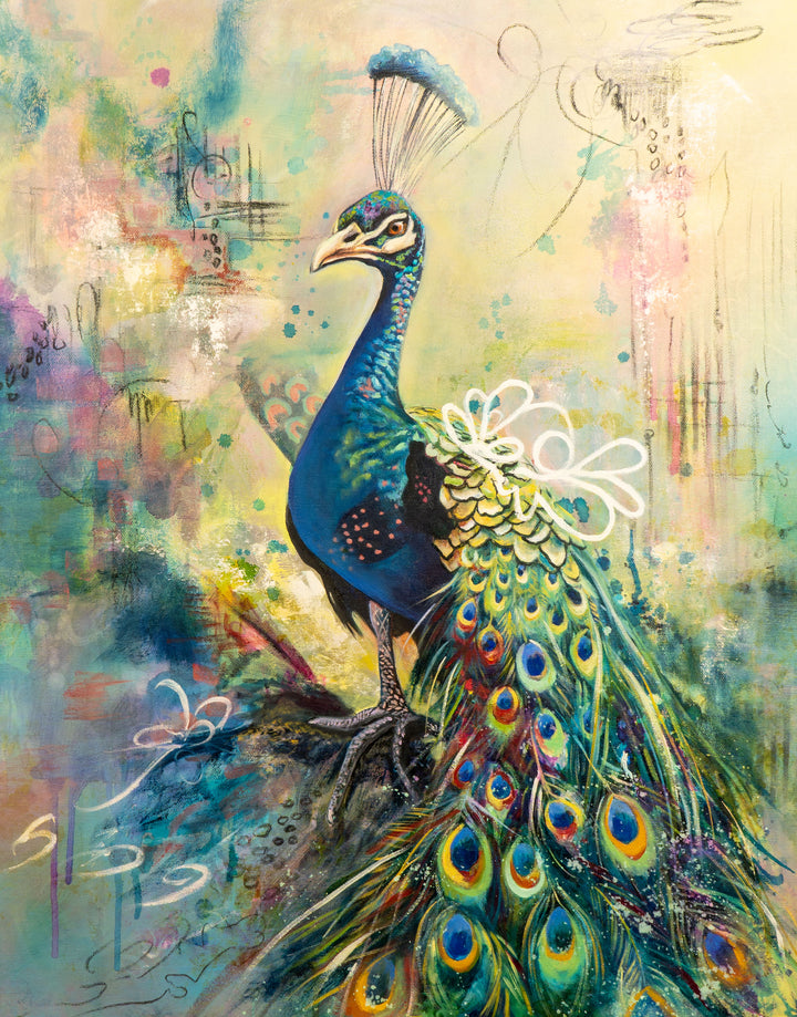 Tash Bardot's 'Perched with Grace' painting. A vibrant blue and green peacock with detailed tail feathers stands against a soft, abstract background of pastels and subtle script.