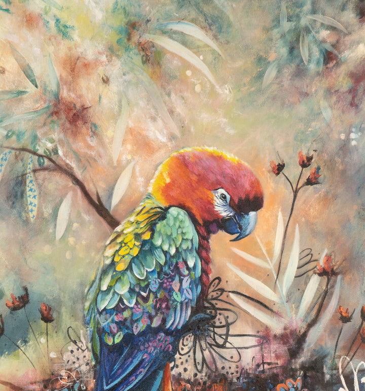 Close-up detail of 'Poised and Proud' by Tash Bardot, highlighting the parrot’s calm expression and the transition of vibrant red and green feathers.