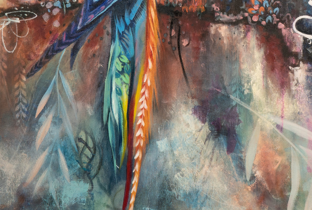 Detail shot of Tash Bardot's 'Poised and Proud,' focusing on the long orange and red tail feathers woven into the abstract, leafy composition.