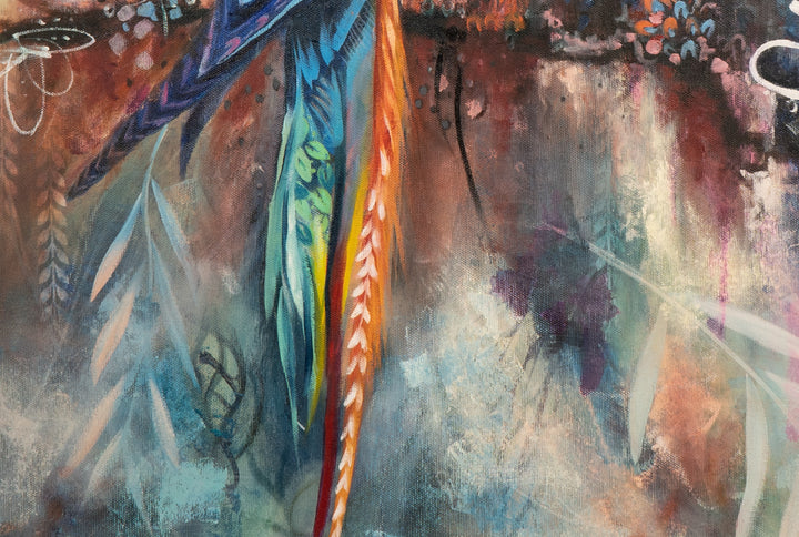 Detail shot of Tash Bardot's 'Poised and Proud,' focusing on the long orange and red tail feathers woven into the abstract, leafy composition.