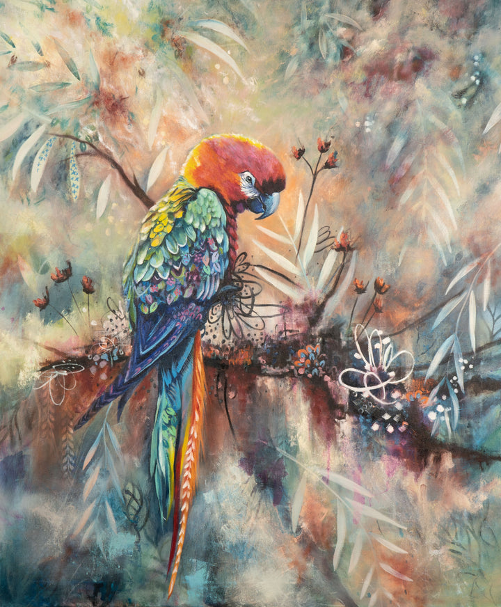 Tash Bardot's 'Poised and Proud' painting. A vibrant red and blue parrot with closed eyes, perched in a textural abstract background of sweeping teal and purple leaves.