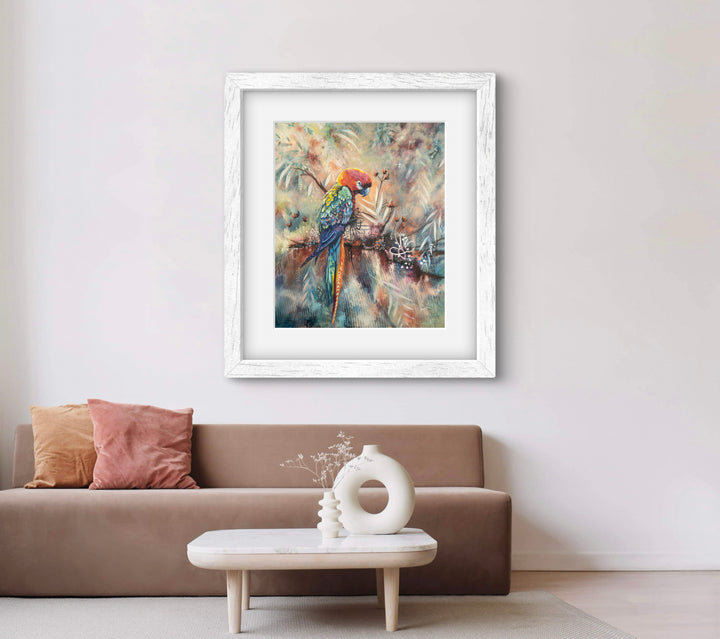 Contemplative parrot fine art print 'Poised and Proud' by Tash Bardot beautifully integrated into an elegant living area. The meditative bird portrait serves as a visual anchor for solitude and mindfulness.