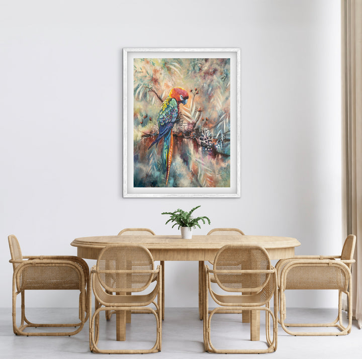 Contemplative parrot fine art print 'Poised and Proud' by Tash Bardot beautifully integrated into an elegant dining space. The meditative bird portrait serves as a visual anchor for solitude and mindfulness.
