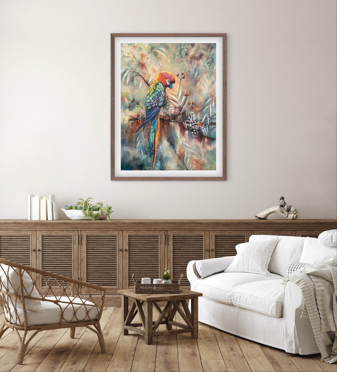 Contemplative parrot fine art print 'Poised and Proud' by Tash Bardot beautifully integrated into an elegant living area. The meditative bird portrait serves as a visual anchor for solitude and mindfulness.