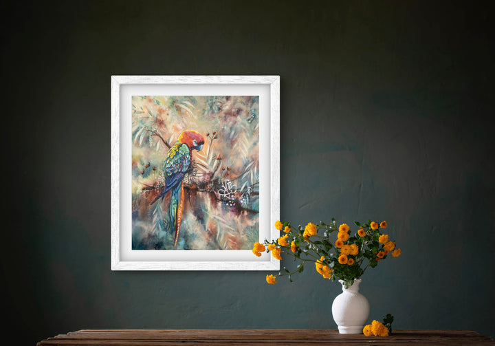 Contemplative parrot fine art print 'Poised and Proud' by Tash Bardot beautifully featured on a dark and earthy green wall. The meditative bird portrait serves as a visual anchor for solitude and mindfulness.