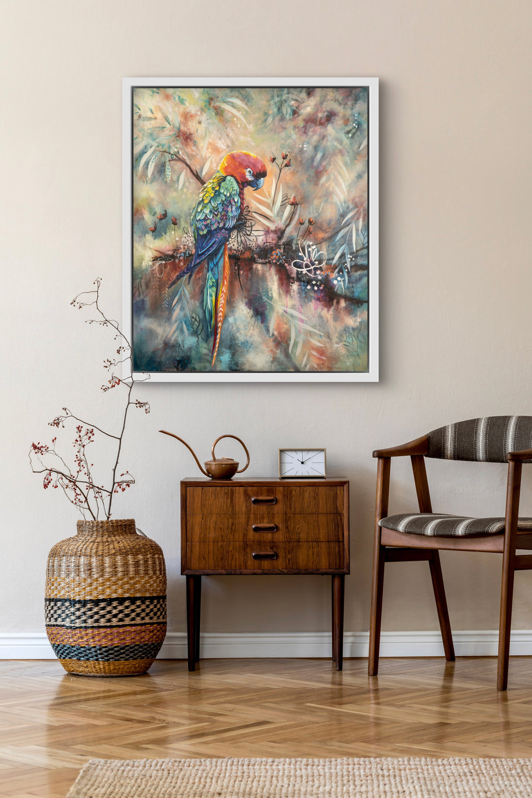 Contemplative parrot painting 'Poised and Proud' by Tash Bardot beautifully integrated into a cozy, private reading nook. The meditative bird portrait serves as a visual anchor for solitude and mindfulness.