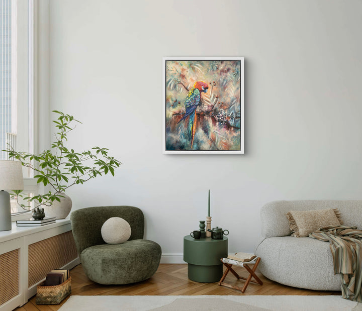 Contemplative parrot painting 'Poised and Proud' by Tash Bardot beautifully integrated into a cozy, private reading nook. The meditative bird portrait serves as a visual anchor for solitude and mindfulness.