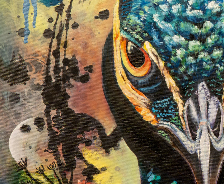 Close-up detail of 'Regal Resolve' by Tash Bardot, highlighting the piercing orange eye and the unique, layered brushwork in the background.