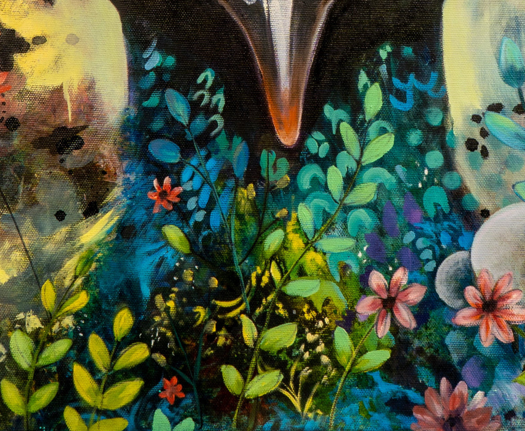 Detail shot of Tash Bardot's 'Regal Resolve,' focusing on the lively arrangement of small flowers and foliage at the base of the majestic bird.