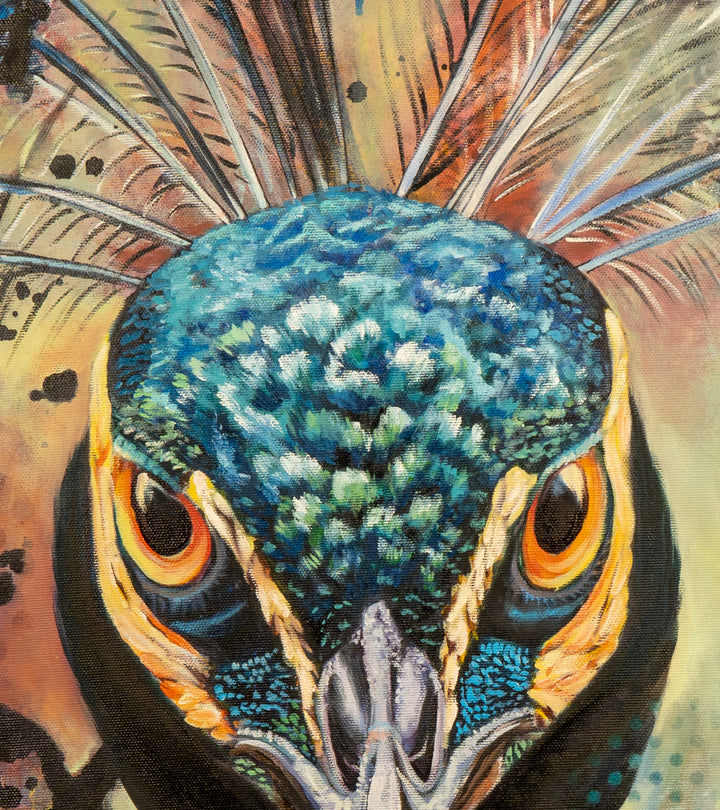 Close-up detail of 'Regal Resolve' by Tash Bardot, highlighting the piercing orange eyes and the unique, layered brushwork on the crest feathers.