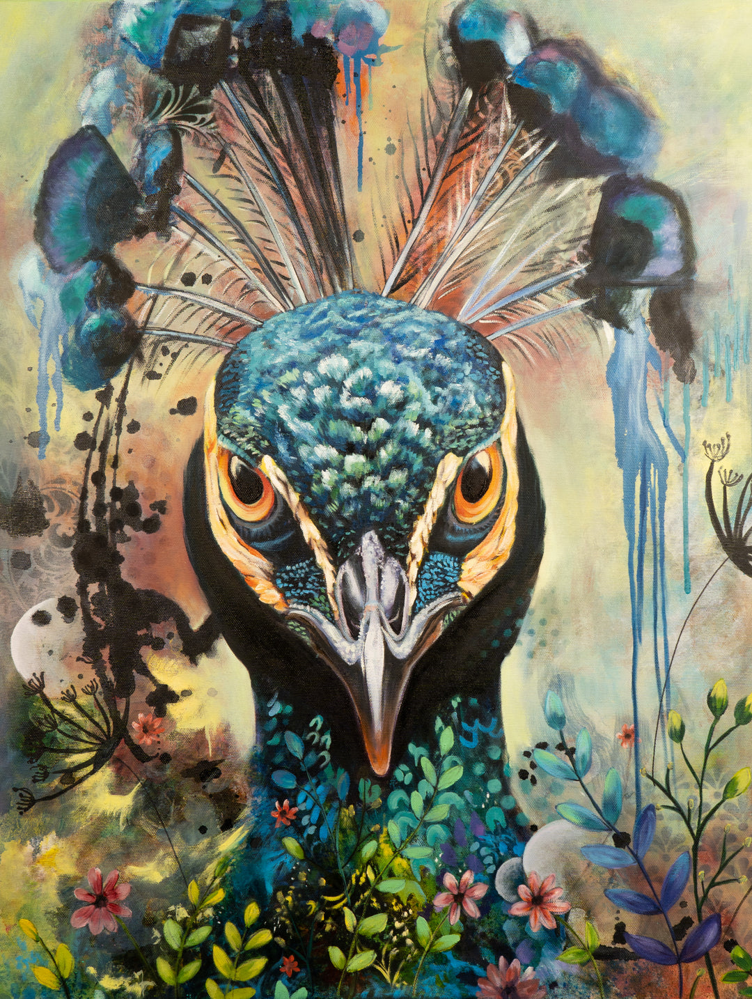 Tash Bardot's 'Regal Resolve' painting. A powerful, close-up portrait of a peacock with piercing orange eyes looking directly forward, surrounded by textured crest feathers and vibrant base florals