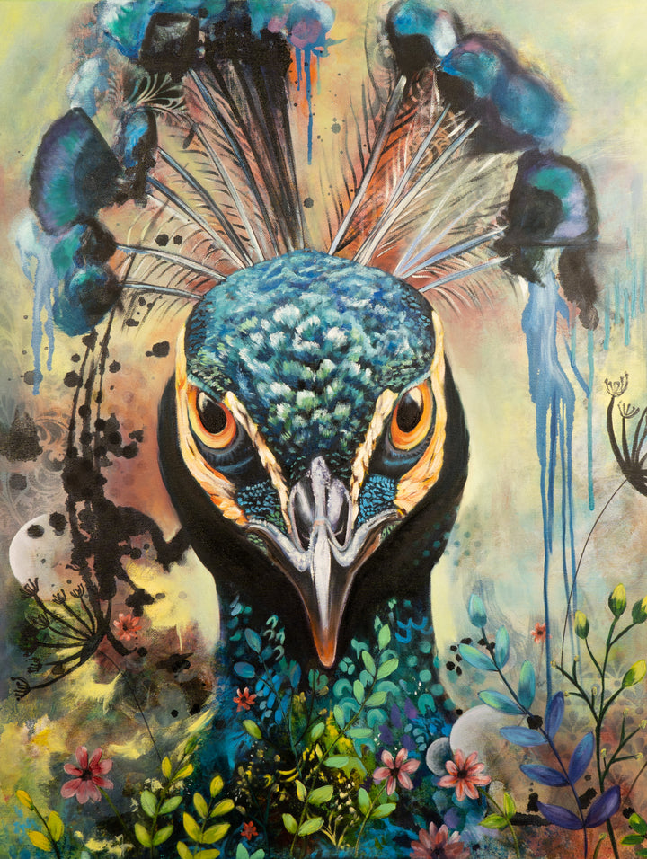 Tash Bardot's 'Regal Resolve' painting. A powerful, close-up portrait of a peacock with piercing orange eyes looking directly forward, surrounded by textured crest feathers and vibrant base florals