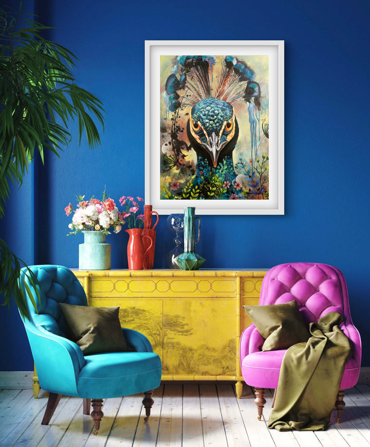 Commanding peacock portrait 'Regal Resolve' by Tash Bardot displayed in a bright and colourful living space. The direct-gaze fine art print provides an authoritative focal point and immediate visual relief.