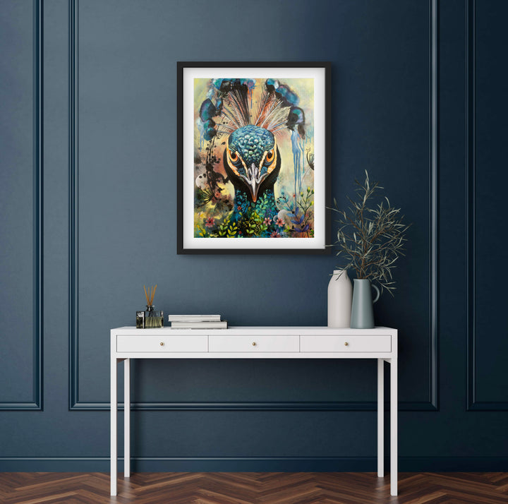 Commanding peacock portrait 'Regal Resolve' by Tash Bardot displayed in an elegant hallway space. The direct-gaze fine art print provides an authoritative focal point and immediate visual relief.