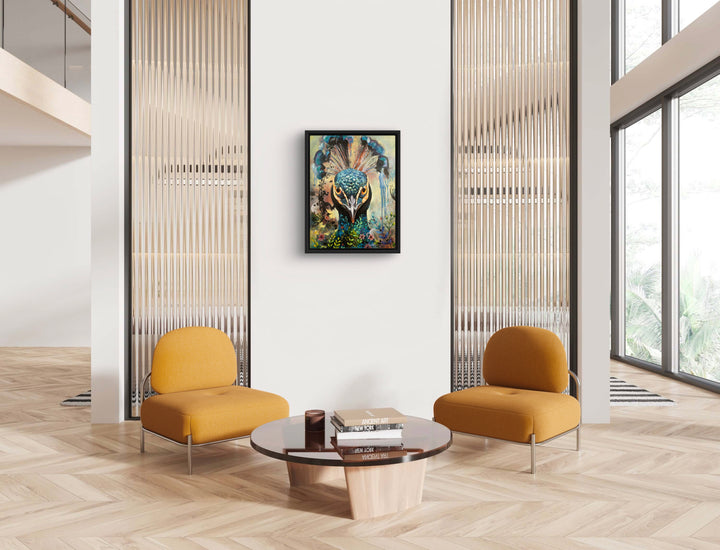 Commanding peacock portrait 'Regal Resolve' by Tash Bardot displayed in a high-end, sophisticated home entryway. The direct-gaze art provides an authoritative focal point and immediate visual relief.