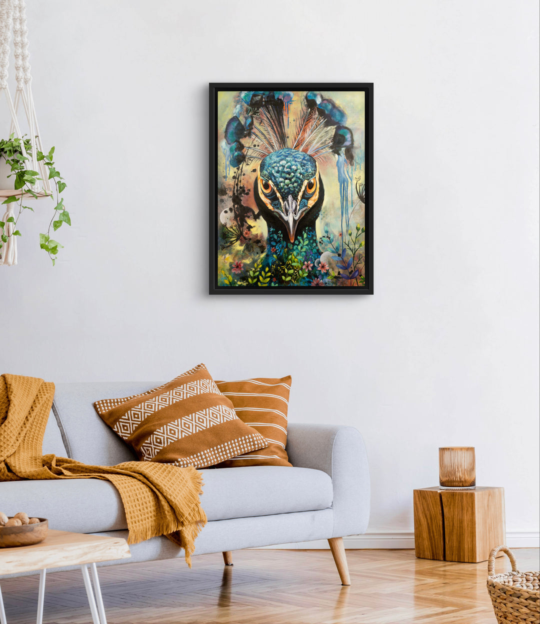 Contemporary interior design featuring the 'Regal Resolve' peacock painting by Tash Bardot. A visual anchor of unwavering resolve and grounded strength for the professional leader.