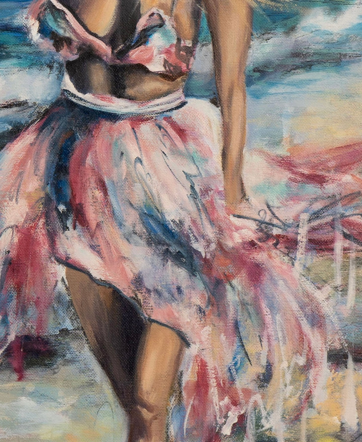Detail shot of Tash Bardot's 'Sacred Shores,' highlighting the layered, tiered texture of the flowing pink skirt and the distinctive, fluid white paint drips falling from its hem.