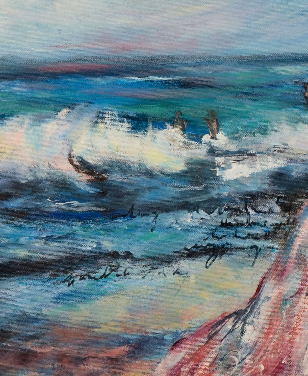 Detail shot of 'Sacred Shores' by Tash Bardot, focusing on the expressive brushwork of the crashing blue waves.