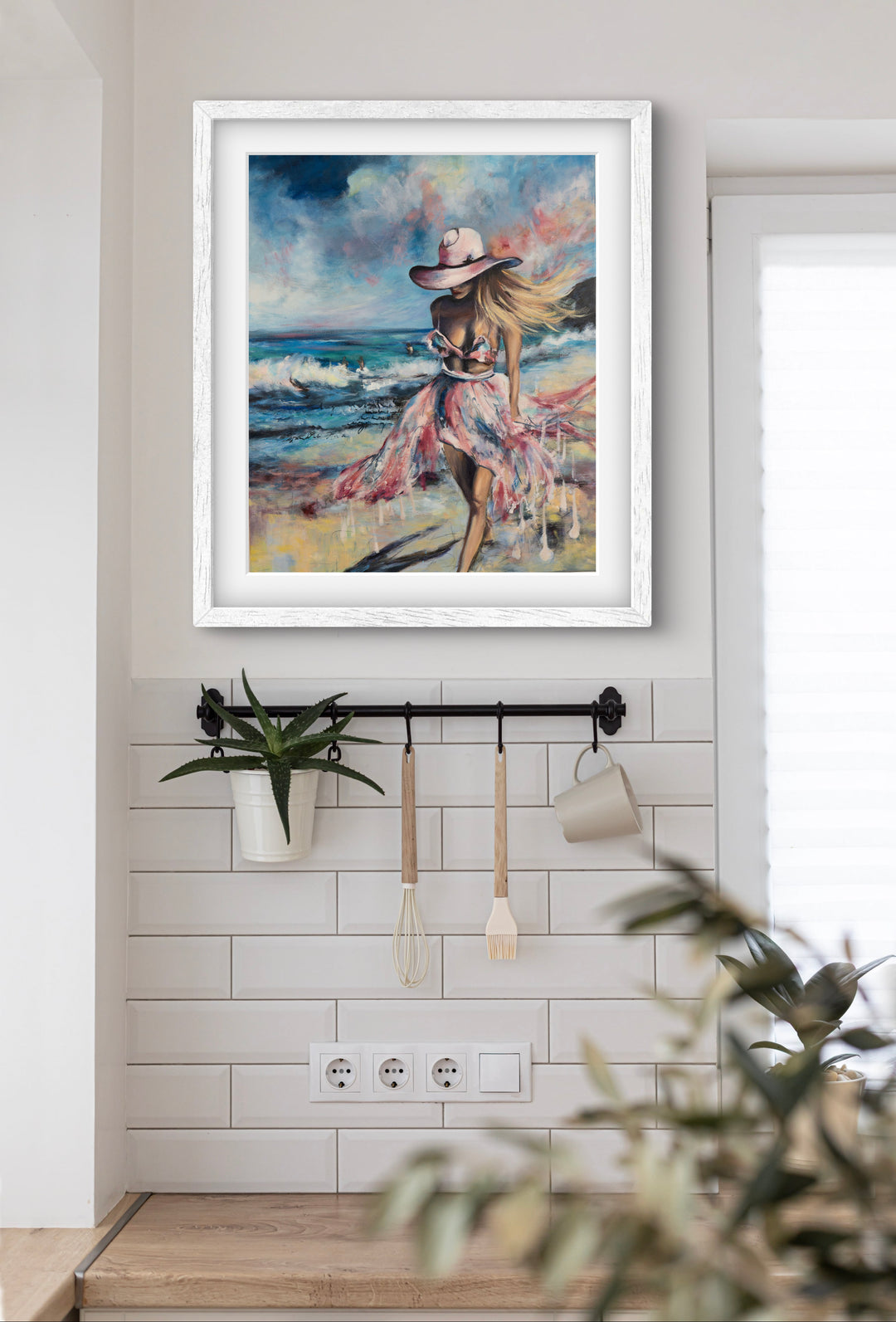 Tash Bardot's 'Sacred Shores' art print displayed in a serene, modern living space. A calming coastal painting of a female figure that brings a sense of visual sanctuary and relief to the home.