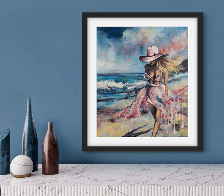 Tash Bardot's 'Sacred Shores' art print displayed in a serene, modern living space. A calming coastal painting of a female figure that brings a sense of visual sanctuary and relief to the home.