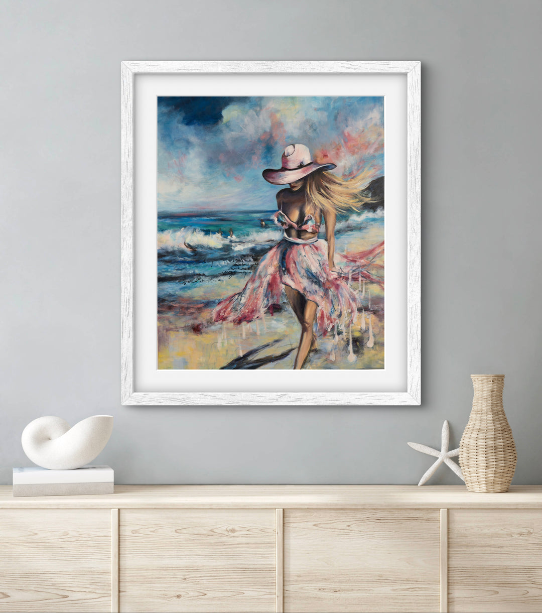 Tash Bardot's 'Sacred Shores' art print displayed in a serene, modern living space. A calming coastal painting of a female figure that brings a sense of visual sanctuary and relief to the home.
