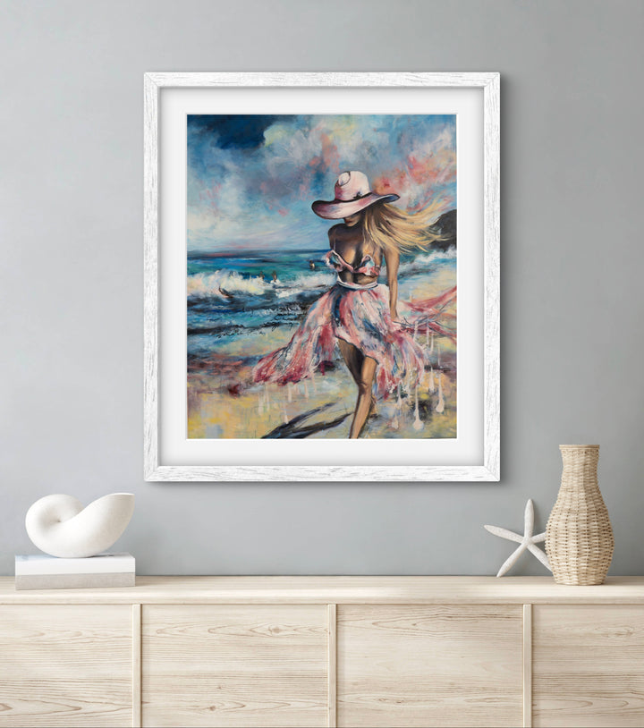 Tash Bardot's 'Sacred Shores' art print displayed in a serene, modern living space. A calming coastal painting of a female figure that brings a sense of visual sanctuary and relief to the home.