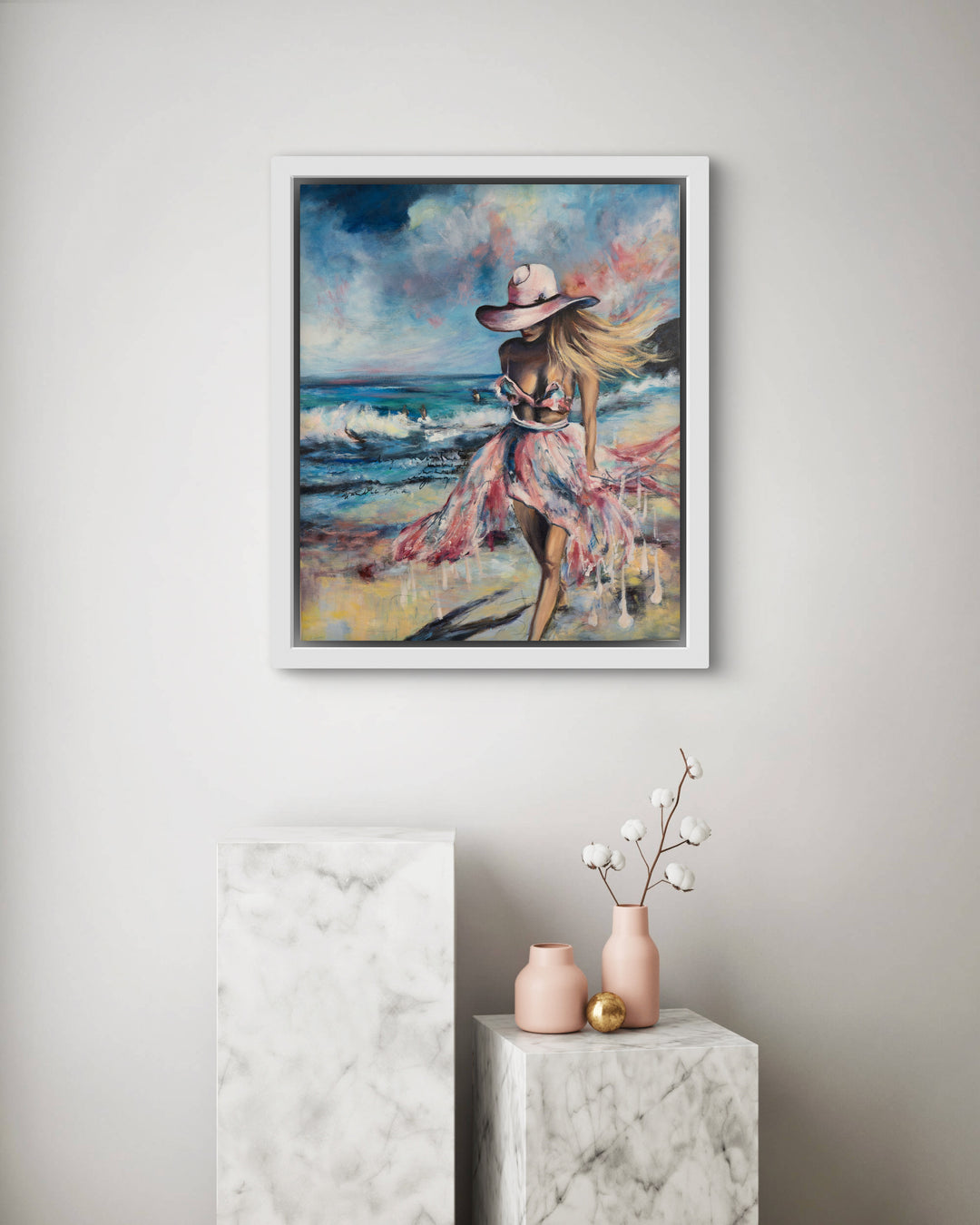 Tash Bardot's 'Sacred Shores' art print displayed in a serene, modern living space. A calming coastal painting of a female figure that brings a sense of visual sanctuary and relief to the home.