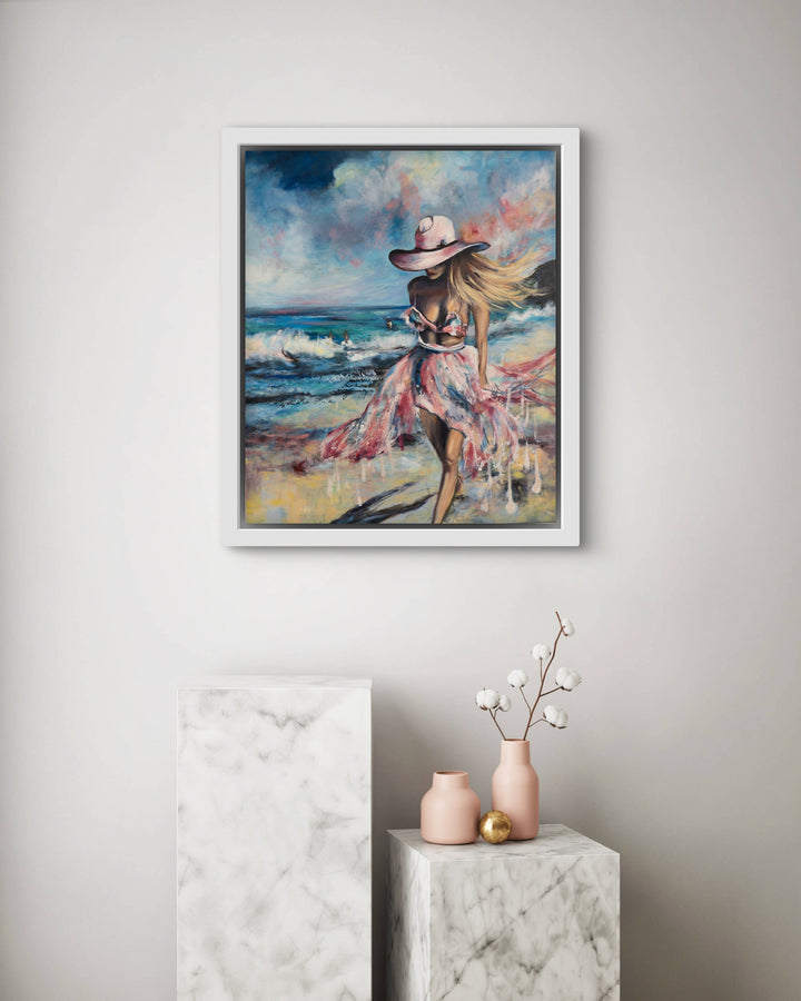 Tash Bardot's 'Sacred Shores' art print displayed in a serene, modern living space. A calming coastal painting of a female figure that brings a sense of visual sanctuary and relief to the home.