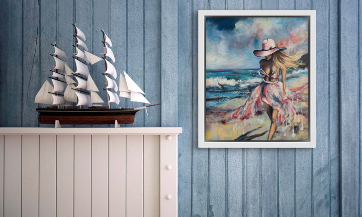 Tash Bardot's 'Sacred Shores' art print displayed in a serene, modern living space. A calming coastal painting of a female figure that brings a sense of visual sanctuary and relief to the home.