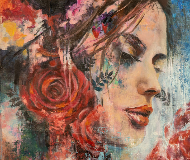 Close-up of 'Scent of Beauty' by Tash Bardot, showcasing the deep, expressive layers and raw blue and red brushstrokes that build the beautiful portrait and botanicals.