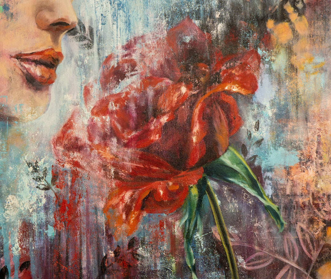 Close-up of 'Scent of Beauty' by Tash Bardot, showcasing the deep, expressive layers and raw blue and red brushstrokes that build the beautiful portrait and botanicals.