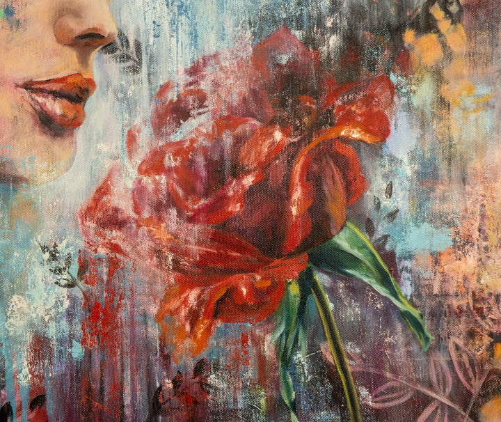 Close-up of 'Scent of Beauty' by Tash Bardot, showcasing the deep, expressive layers and raw blue and red brushstrokes that build the beautiful portrait and botanicals.