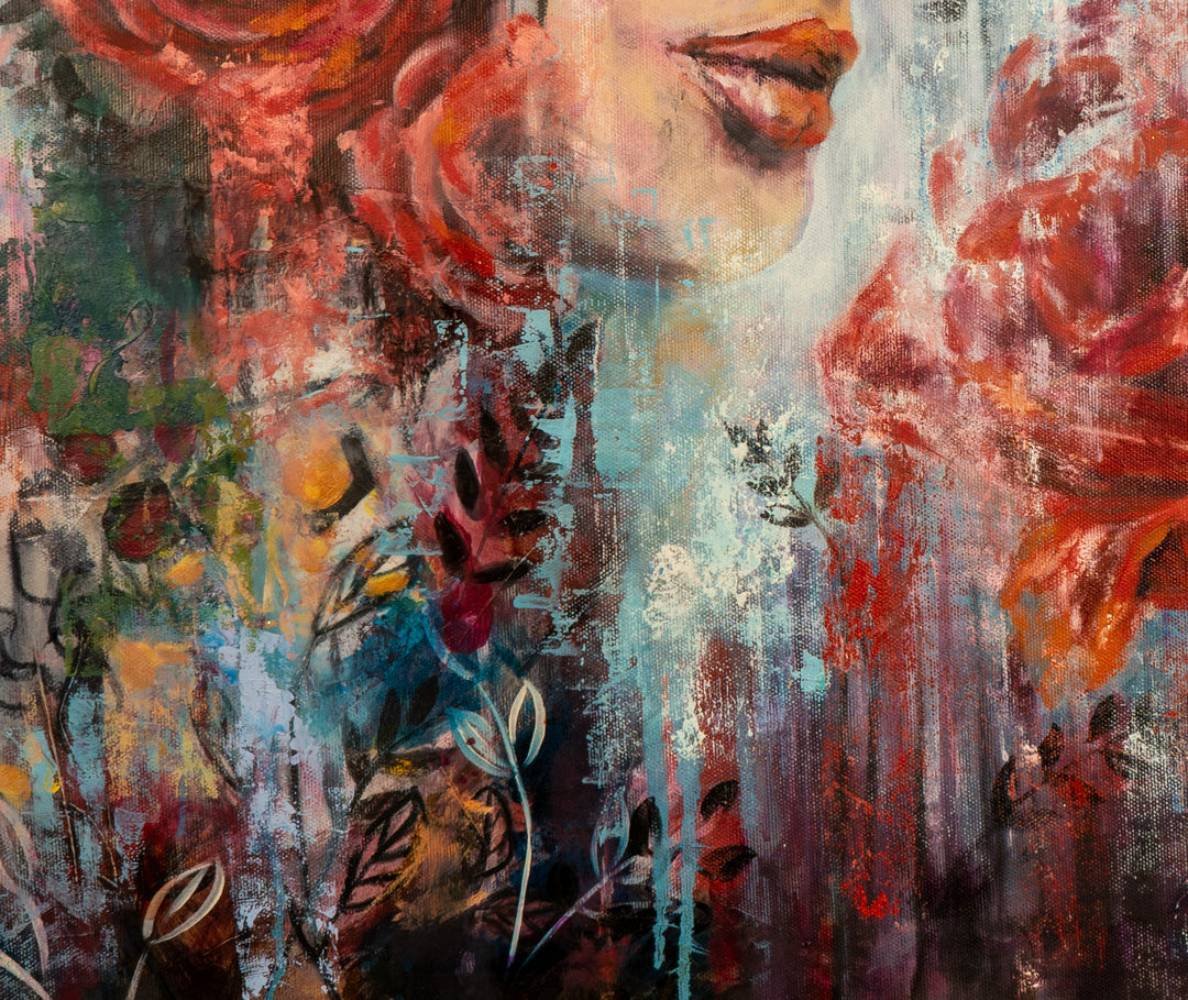 Close-up of 'Scent of Beauty' by Tash Bardot, showcasing the deep, expressive layers and raw blue and red brushstrokes that build the beautiful portrait and botanicals.