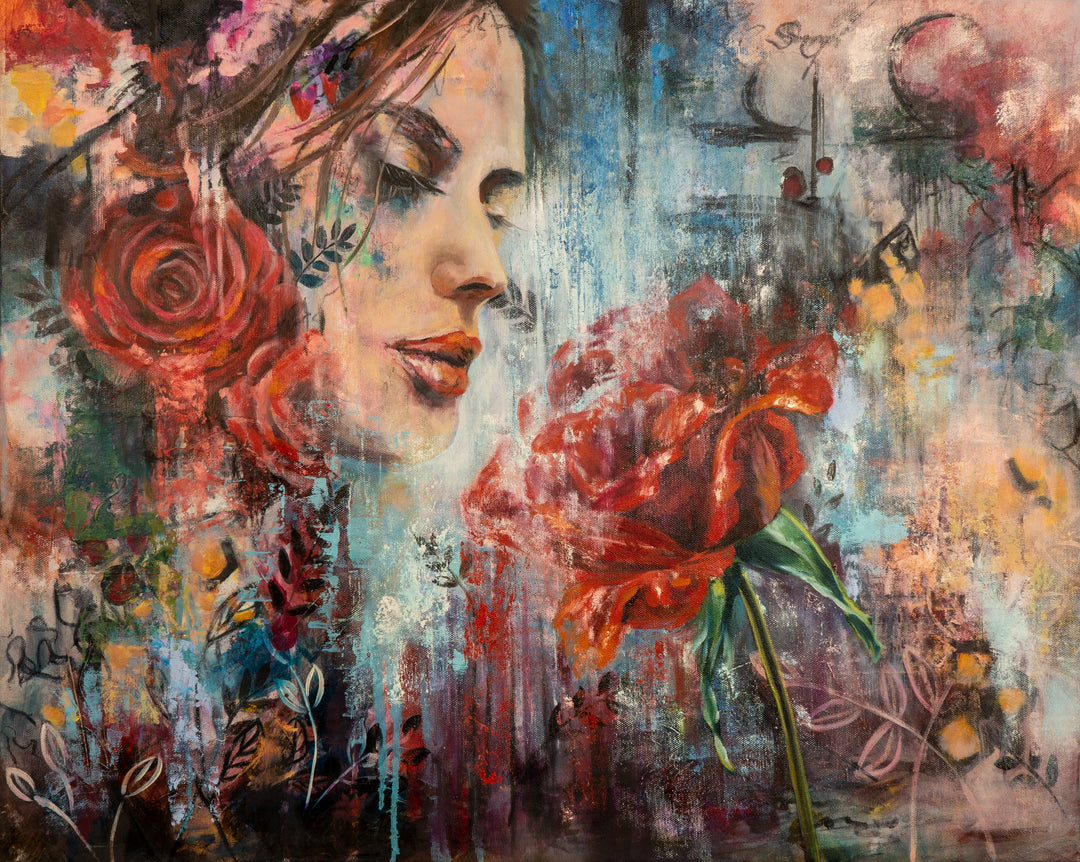 Close-up expressionist fine art painting of a woman inhaling a heavily textured red rose, featuring a raw, intuitively painted background with scraped textures and scrawled lines.