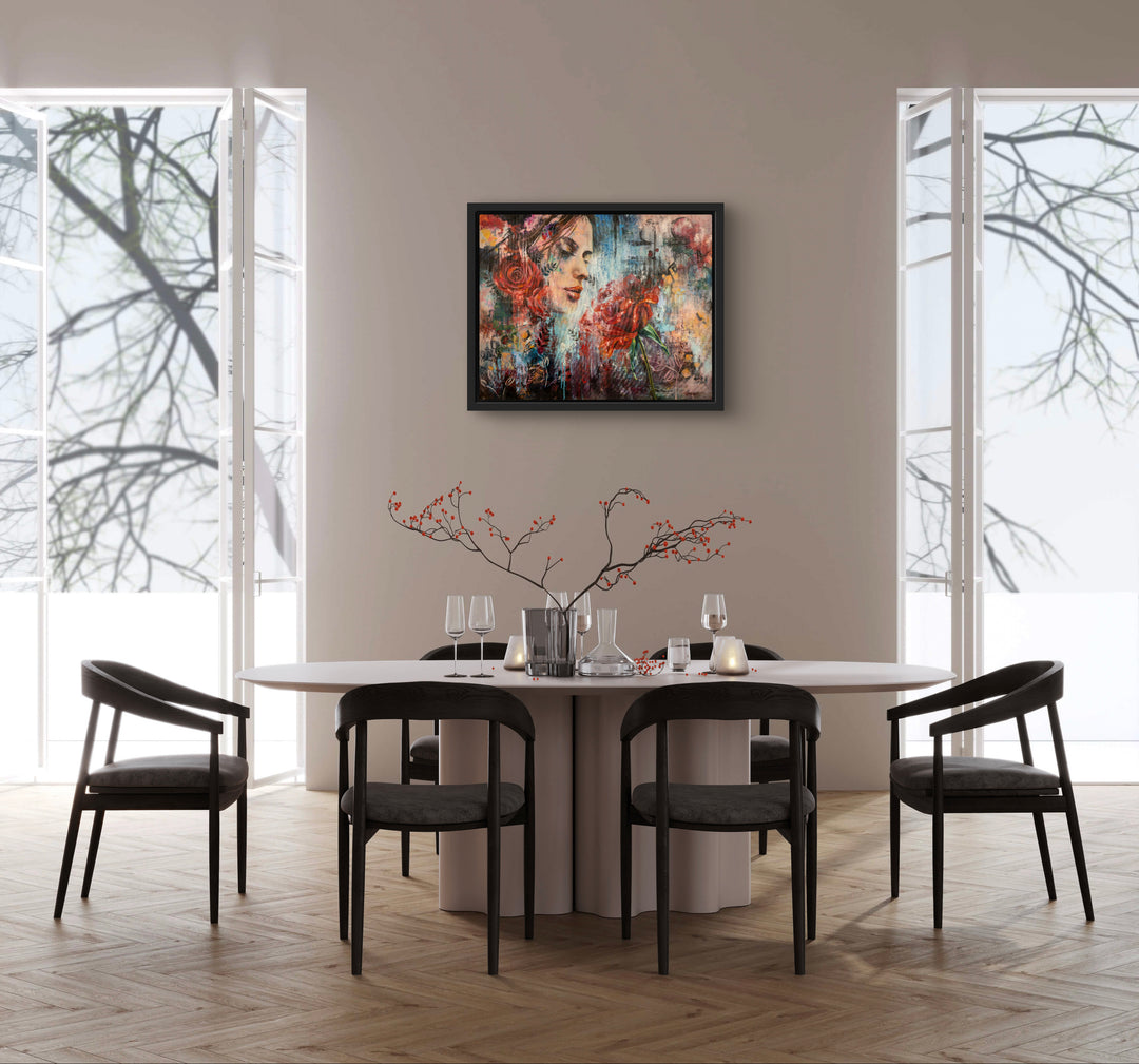 Tash Bardot's 'Scent of Beauty' displayed as elegant wall art in a modern home interior. An evocative, abstract realist piece offering a space of visual relief and belonging.