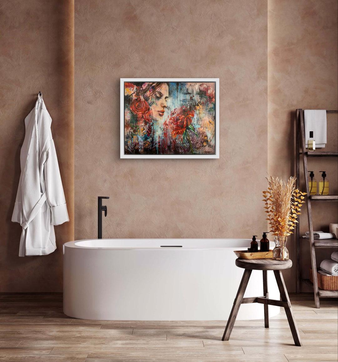 Tash Bardot's 'Scent of Beauty' displayed as elegant wall art in a modern home interior. An evocative, abstract realist piece offering a space of visual relief and belonging.