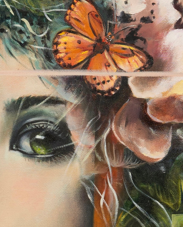 Close-up detail of 'Silent Strength' by Tash Bardot, highlighting the subject's striking gaze, raw floral brushstrokes, and a delicate orange butterfly.