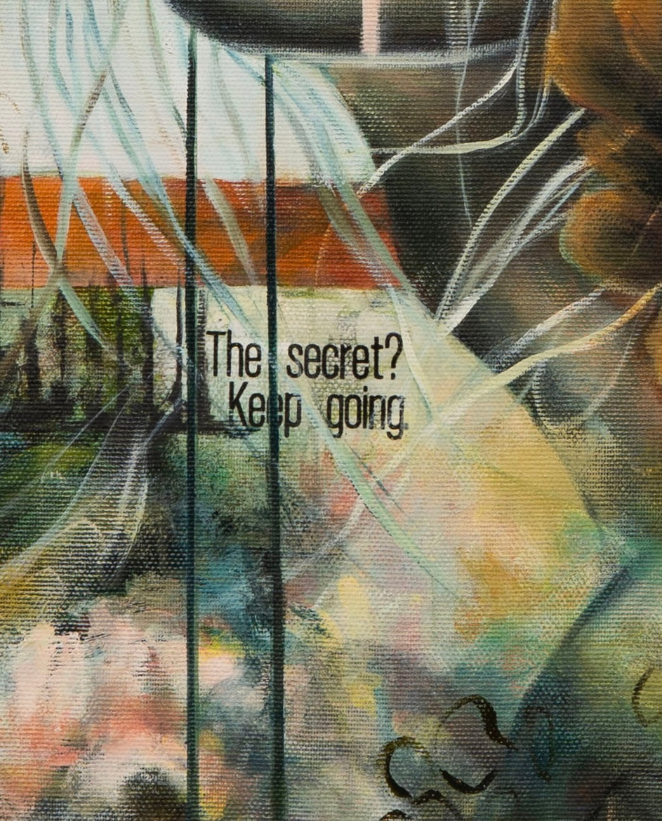 Close-up detail of 'Silent Strength' by Tash Bardot, focusing on the earthy, expressive textures and the stamped motivational quote, 'The secret? Keep going.'
