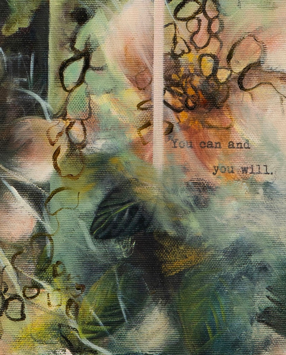 Close-up detail of 'Silent Strength' by Tash Bardot, highlighting expressive brushstrokes, abstract circular patterns, and the stamped motivational quote, 'You can and you will.'