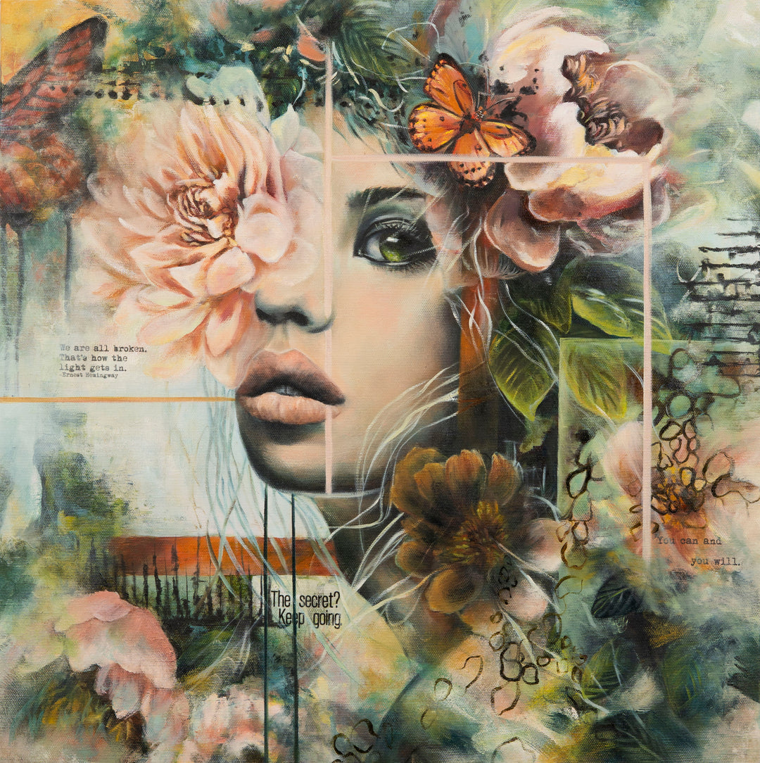 Tash Bardot's 'Silent Strength' painting. An expressive mixed media portrait of a woman surrounded by peach flowers, an orange butterfly, and stamped inspirational quotes, painted in soft greens and earthy tones.