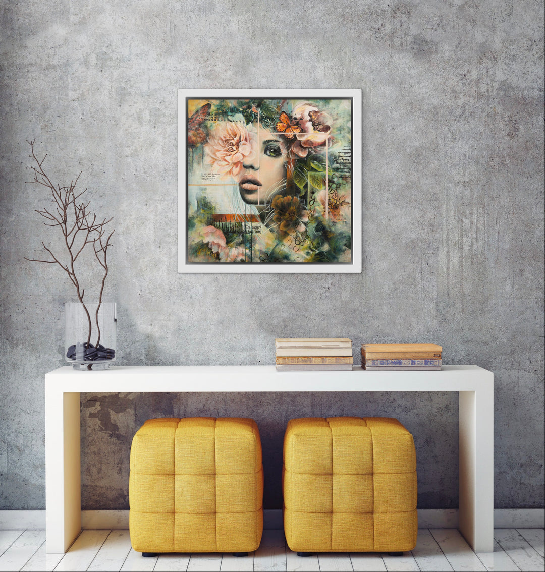Expressive portrait wall art 'Silent Strength' by Tash Bardot displayed in a modern living space. A calming, unpolished mixed media piece offering visual relief and celebrating resilience.